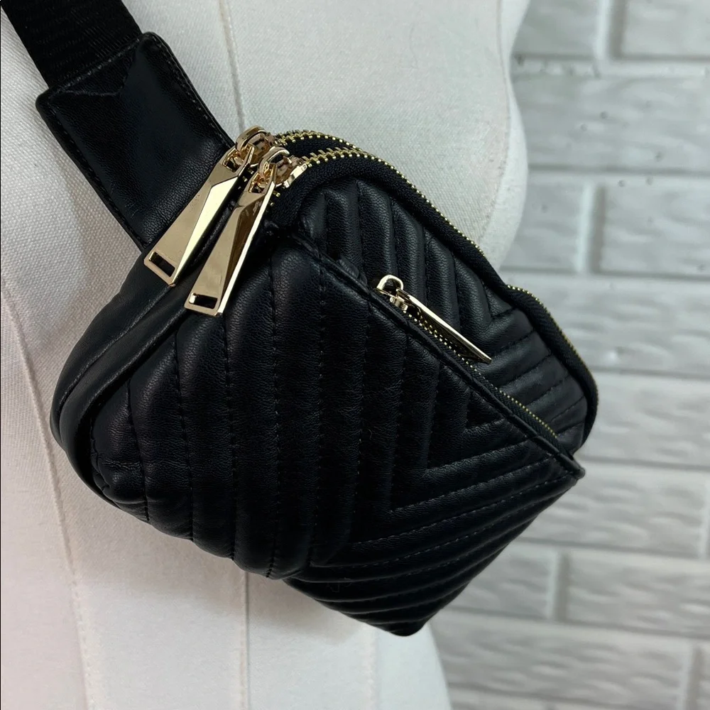 Unbranded Triple Zipper Quilted Vegan Faux Leather Black Belt Bag Fanny Pack